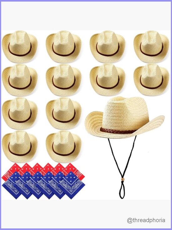 12 Straw Cowboy Hats with Bandanas Party Costume Set Western Style Adjustable